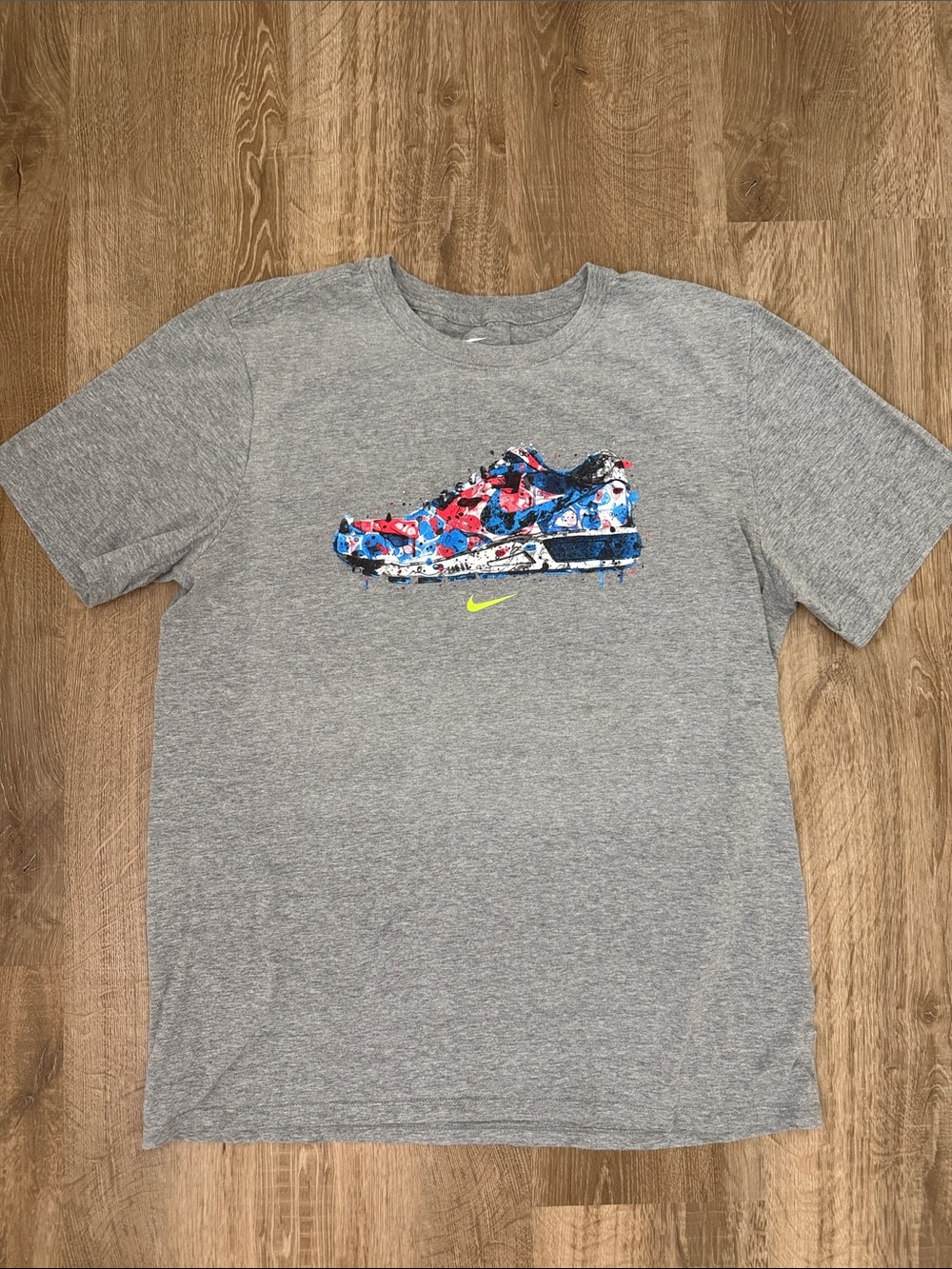 Nike Men’s Gray Tee with Colorful Red, Blue & Neon Yellow Sneaker Graphic